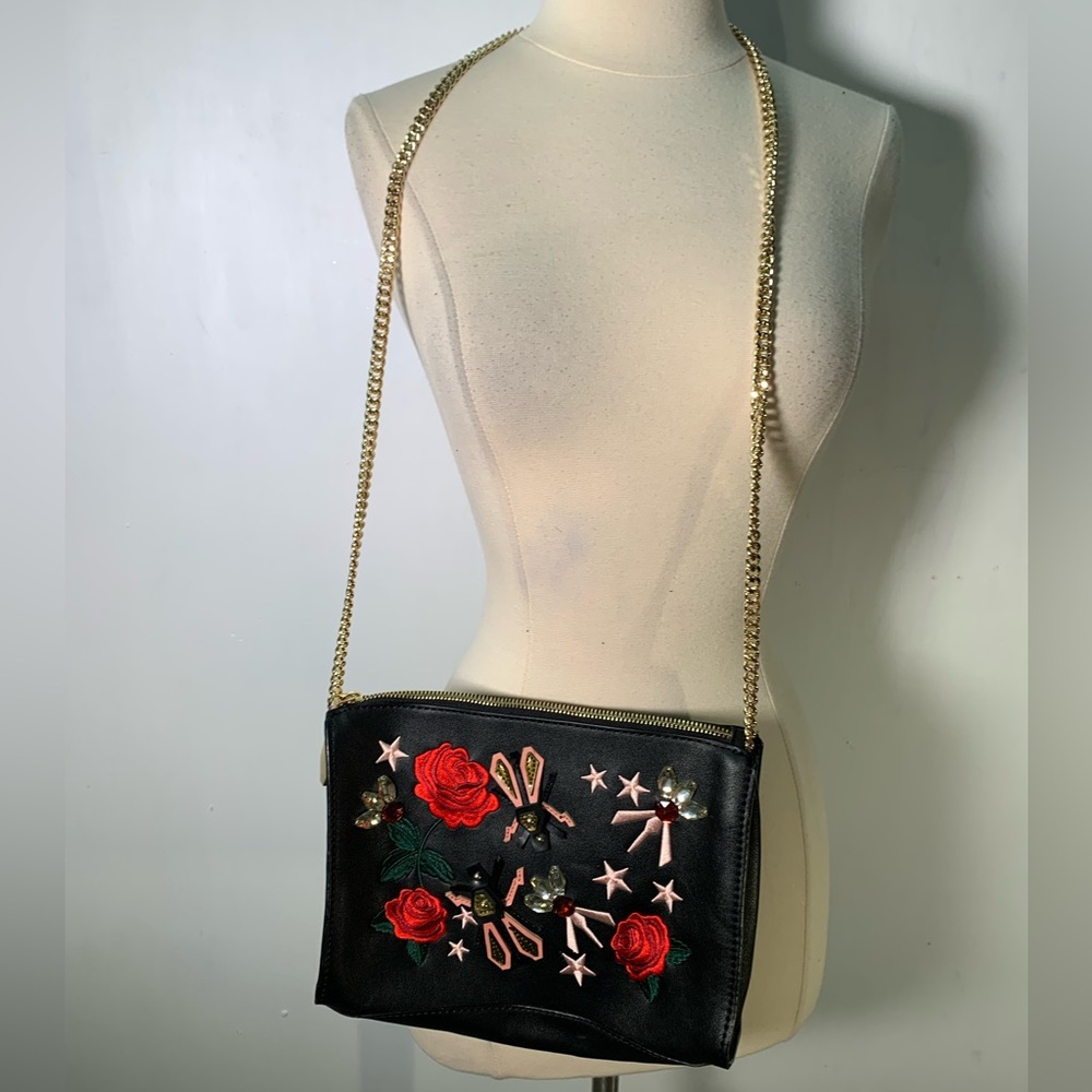 Zara Embroidered Black Shoulder Bag with Gold Chain roses and insects stars